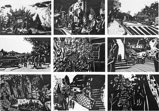 《巴蜀文脉——川渝石窟造像》系列组画中部分关于大足石刻的画作。受访者供图